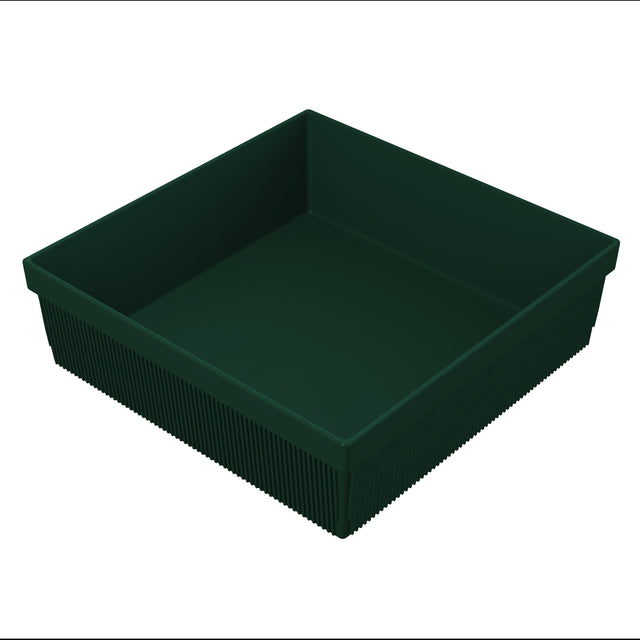 A dark green, square plastic plant tray with high sides and fine vertical ridges along the outer surface. The tray is empty, shown at an angle on a plain white background, with depth and texture similar to a cold holding bowl.
