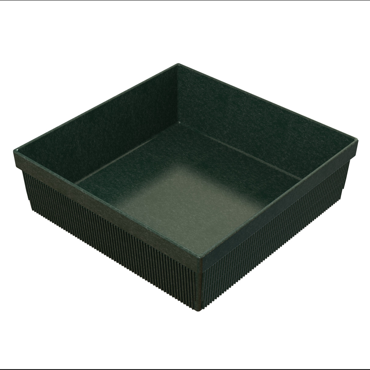 A dark green, square plastic tray with ribbed sides and smooth interior, viewed at a slight angle on a white background. The sturdy tray, with tall sides and sharp corners, is ideal for organizing items or pairing with a cold holding bowl.