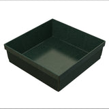 A dark green, square plastic tray with ribbed sides and smooth interior, viewed at a slight angle on a white background. The sturdy tray, with tall sides and sharp corners, is ideal for organizing items or pairing with a cold holding bowl.