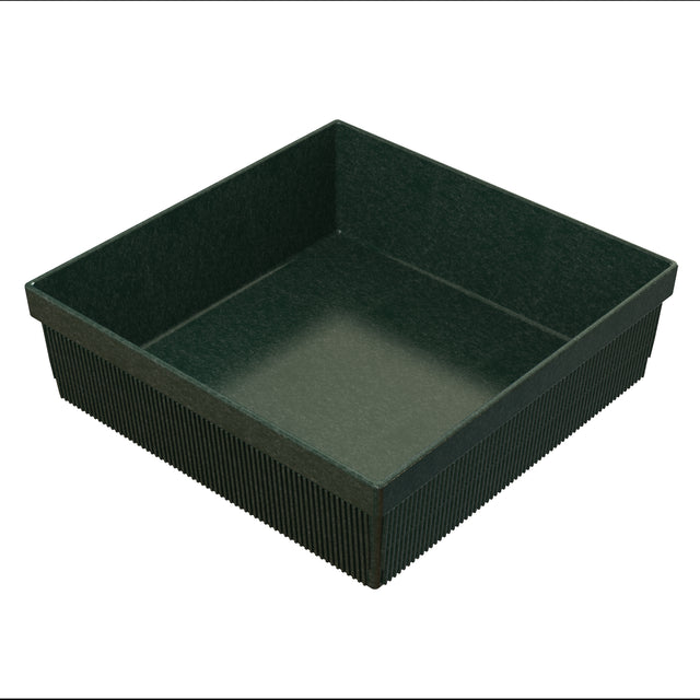 A dark green, square plastic tray with ribbed sides and smooth interior, viewed at a slight angle on a white background. The sturdy tray, with tall sides and sharp corners, is ideal for organizing items or pairing with a cold holding bowl.