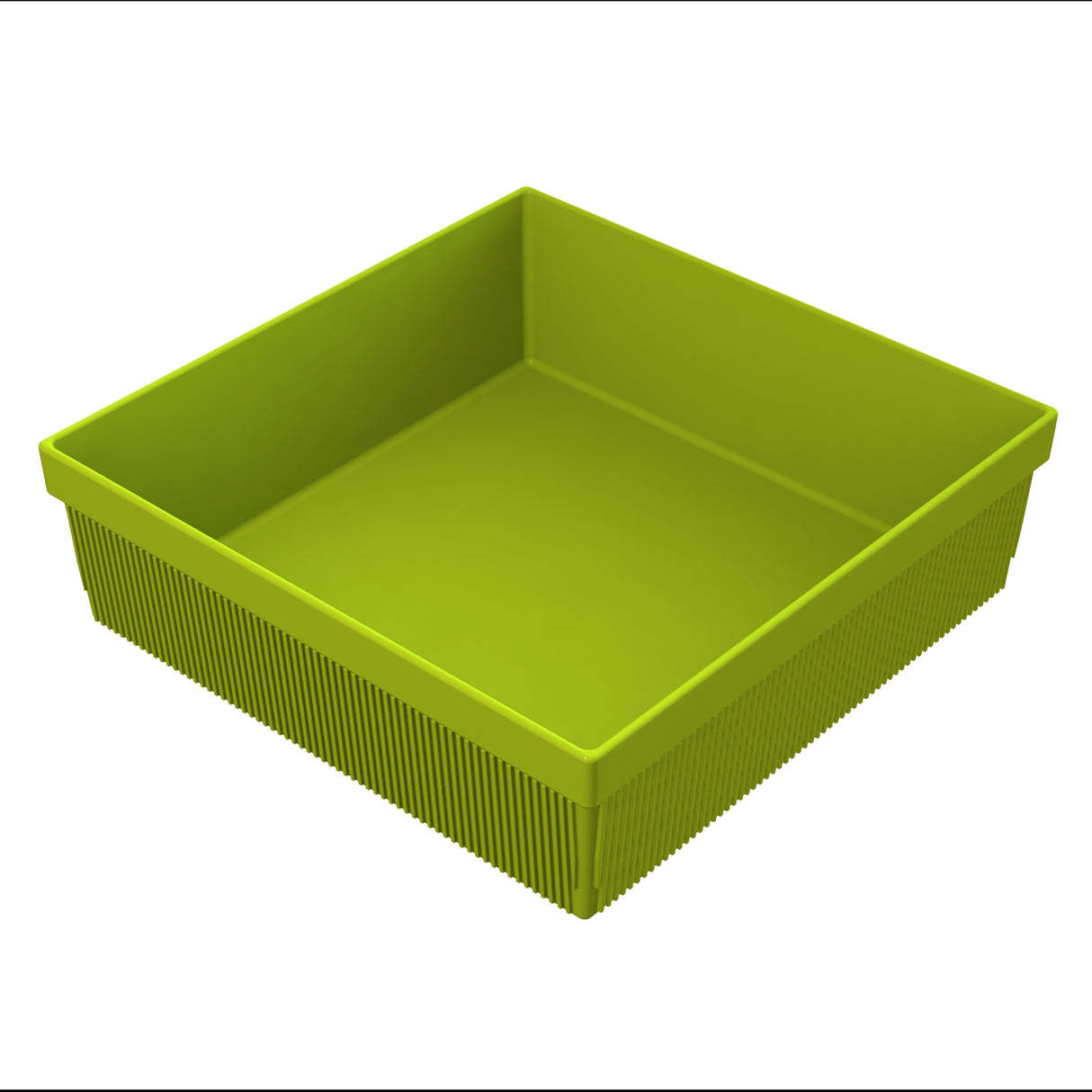 A square, lime green plastic container with ribbed textured sides and a smooth interior, ideal for use as a cold holding bowl. The empty container is viewed from above at an angle, showcasing its depth and open top against a plain white background.