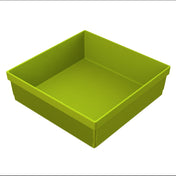 A square, lime green plastic container with ribbed textured sides and a smooth interior, ideal for use as a cold holding bowl. The empty container is viewed from above at an angle, showcasing its depth and open top against a plain white background.