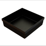 A black, square, plastic sushi tray with a subtle speckled pattern inside and vertical ridges on the outer sides. Designed for cold holding, the tray has raised edges and is empty, shown against a plain white background.