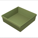 A square, olive-green plastic cold holding bowl with ribbed sides and a smooth interior. The empty container has straight, high walls, viewed from above at an angle against a white background.