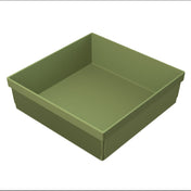 A square, olive-green plastic cold holding bowl with ribbed sides and a smooth interior. The empty container has straight, high walls, viewed from above at an angle against a white background.