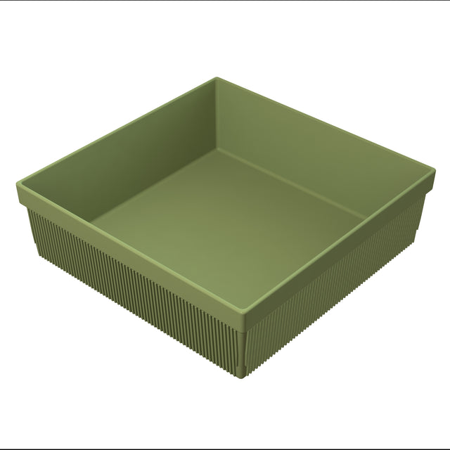 A square, olive-green plastic cold holding bowl with ribbed sides and a smooth interior. The empty container has straight, high walls, viewed from above at an angle against a white background.