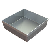 A square, silver metal baking pan with straight sides and a ribbed textured exterior. Reminiscent of a cast aluminum bowl, the smooth interior gleams as the pan sits on a white background, casting a slight shadow below.