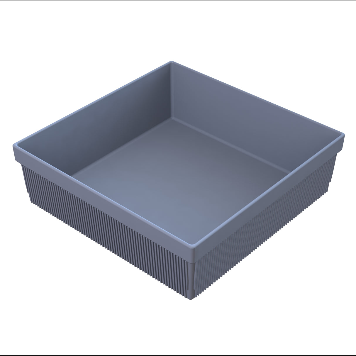 A square, shallow gray plastic bin with smooth inner surfaces and textured vertical ridges on the outer sides, shown on a white background. NSF certified, this bin is ideal as a cold holding bowl for food prep and storage.