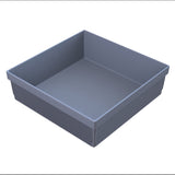 A square, shallow gray plastic bin with smooth inner surfaces and textured vertical ridges on the outer sides, shown on a white background. NSF certified, this bin is ideal as a cold holding bowl for food prep and storage.