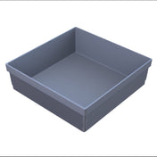 A square, shallow gray plastic bin with smooth inner surfaces and textured vertical ridges on the outer sides, shown on a white background. NSF certified, this bin is ideal as a cold holding bowl for food prep and storage.