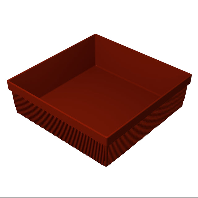 A deep, square, dark red plastic tray with ribbed sides and a flat rim, shown from an elevated angle on a white background. The tray is ideal for cold holding and has clean, smooth inner surfaces.