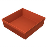 A square, deep, orange plastic tray with high sides and a ribbed exterior surface. Dishwasher safe, the tray has a smooth inner area and simple, utilitarian design, viewed at an angle from above on a plain white background.