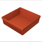 A square, deep, orange plastic tray with high sides and a ribbed exterior surface. Dishwasher safe, the tray has a smooth inner area and simple, utilitarian design, viewed at an angle from above on a plain white background.