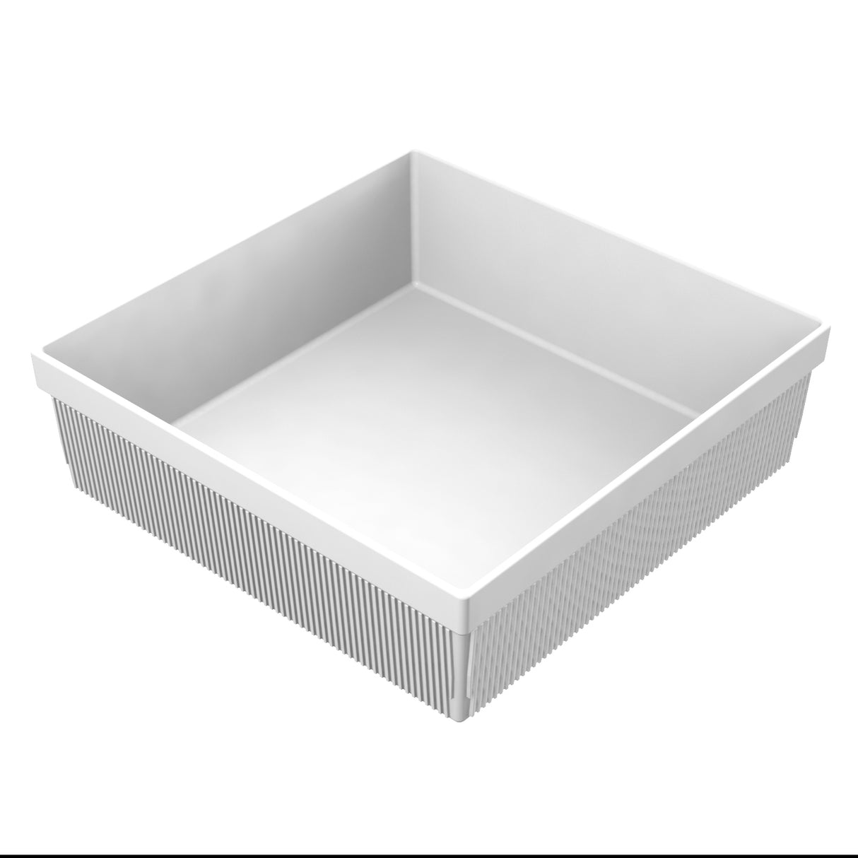 A white, square plastic container with ribbed, textured sides and smooth interior. This NSF dishwasher safe bowl is empty, has straight vertical walls, and sits on a flat surface with a plain white background. The top edge is slightly wider than the base.
