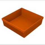 A square, orange plastic cold holding bowl with tall sides and a ribbed exterior texture. The inside is smooth and empty, and the bowl sits on a white background.