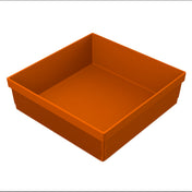 A square, orange plastic cold holding bowl with tall sides and a ribbed exterior texture. The inside is smooth and empty, and the bowl sits on a white background.