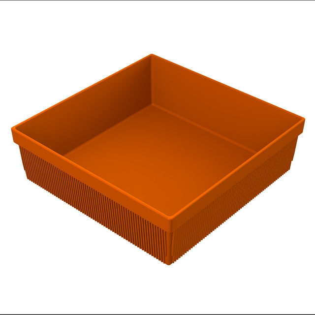 A square, orange plastic cold holding bowl with tall sides and a ribbed exterior texture. The inside is smooth and empty, and the bowl sits on a white background.
