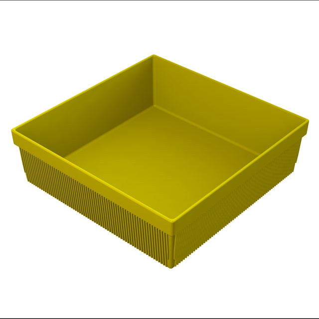 A yellow, square plastic tray with a flat base and straight sides featuring a vertical ridged texture. Shown empty on a white background, it is angled to display the inside and one corner—ideal for use alongside an NSF bowl or cold holding bowl.