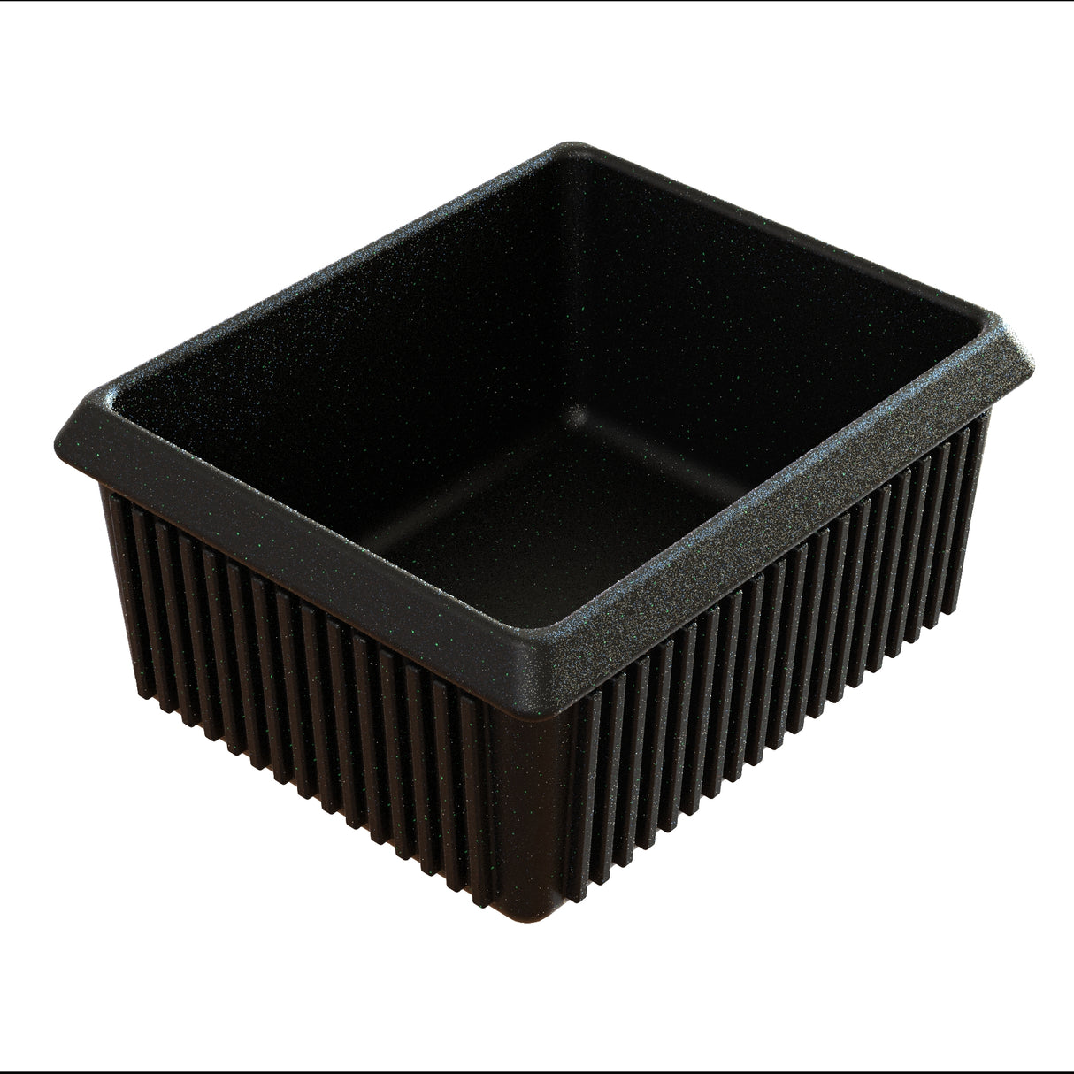 A black, rectangular, ribbed plastic tray with a deep interior and slightly flared rim. Ideal for cold holding, its inner sides are smooth while the outer walls feature vertical grooves for texture and strength. Photographed empty on a white background.
