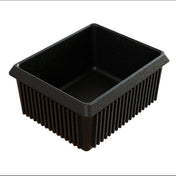 A black, rectangular, ribbed plastic tray with a deep interior and slightly flared rim. Ideal for cold holding, its inner sides are smooth while the outer walls feature vertical grooves for texture and strength. Photographed empty on a white background.