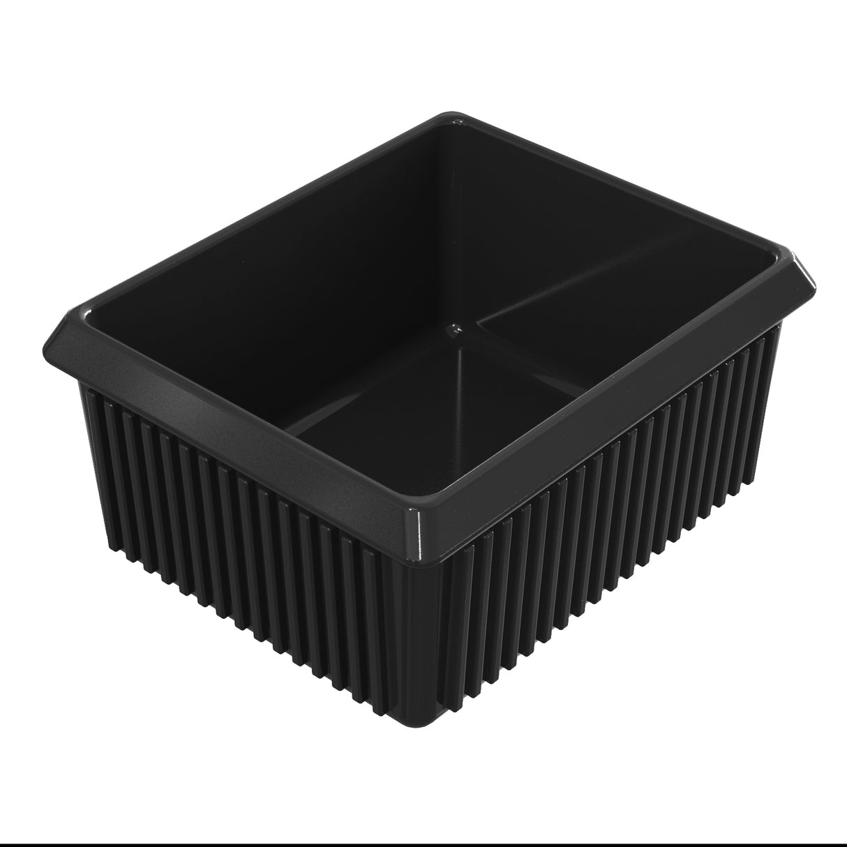 A rectangular, deep, black plastic server bowl with ribbed vertical sides and a smooth interior. The container is empty and positioned on a plain white background, showing its open top and slightly flared sides.