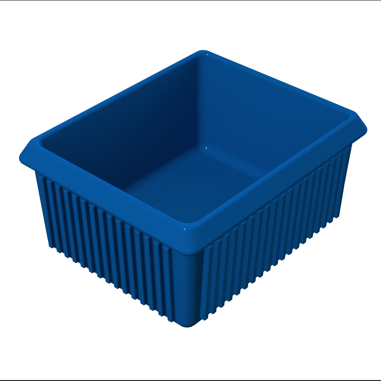 A rectangular blue plastic storage bin with vertical ridges on the sides and slightly flared edges at the top, shown on a white background. Ideal for cold holding, the sturdy bin is empty and ready for use.