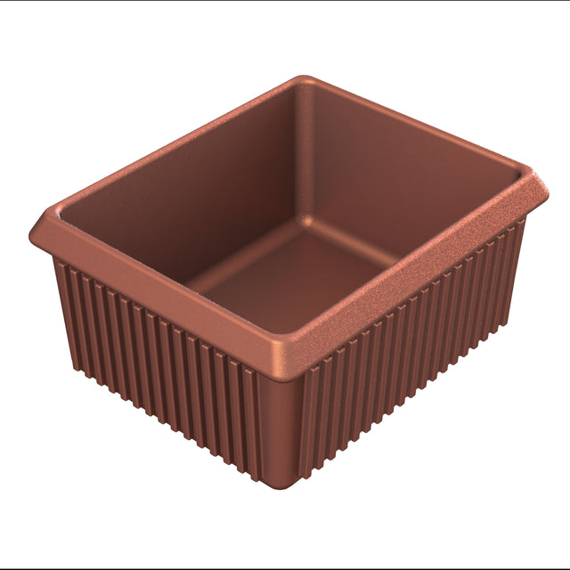 A rectangular, brown, plastic server bowl with vertical ridges on the exterior sides and smooth interior surfaces. The open-top tray has slightly flared edges and is empty, resembling packaging often used for holding cookies or snacks.