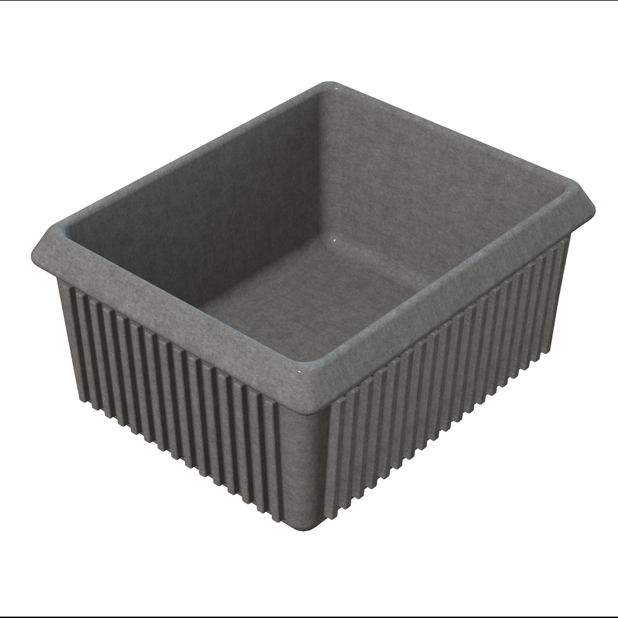 A rectangular, gray, ribbed storage bin with slightly flared edges and no lid is shown on a white background. Reminiscent of a cast aluminum server bowl, its reinforced ridges give it a sturdy, durable appearance.