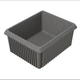 A rectangular, gray, ribbed storage bin with slightly flared edges and no lid is shown on a white background. Reminiscent of a cast aluminum server bowl, its reinforced ridges give it a sturdy, durable appearance.