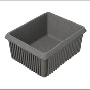 A rectangular, gray, ribbed storage bin with slightly flared edges and no lid is shown on a white background. Reminiscent of a cast aluminum server bowl, its reinforced ridges give it a sturdy, durable appearance.
