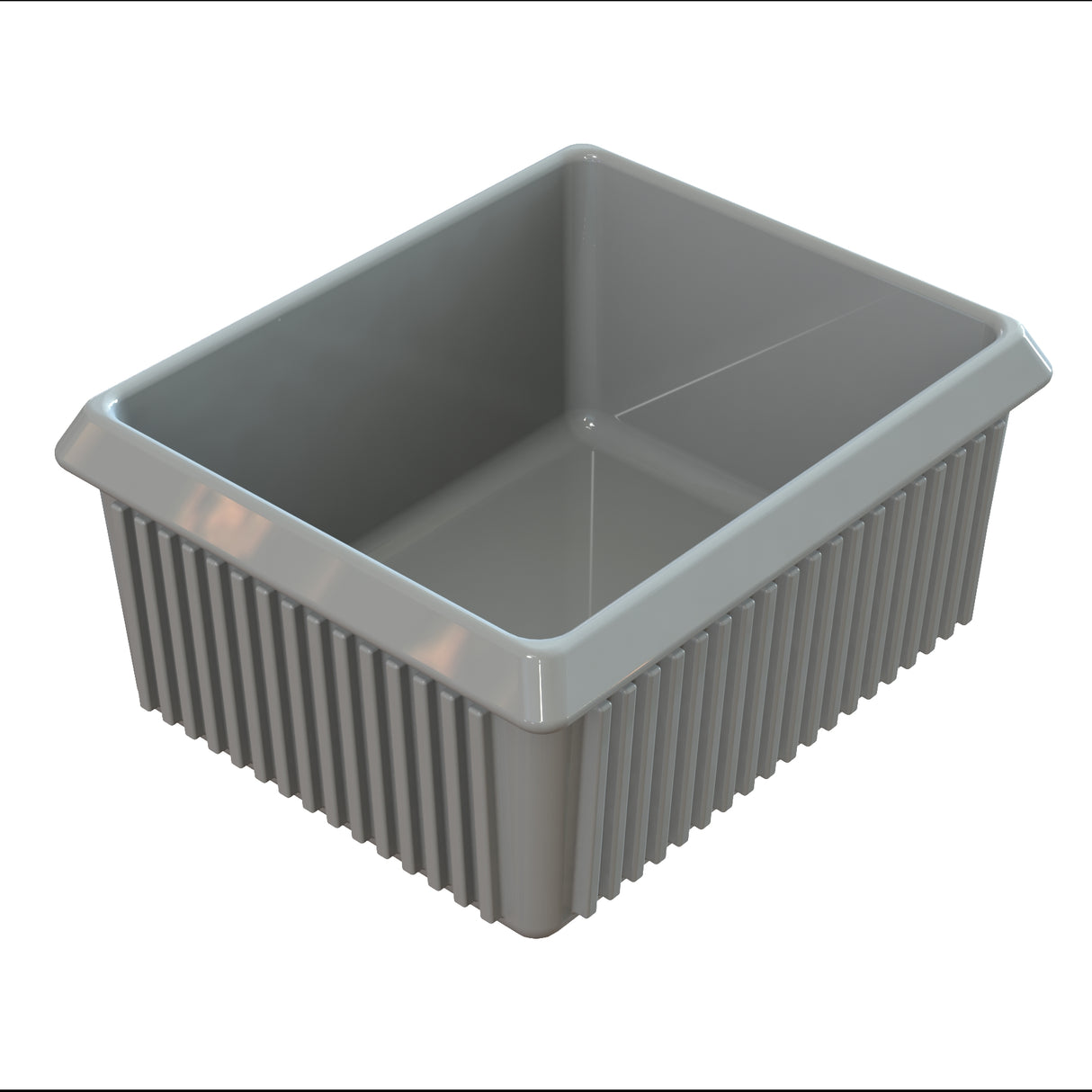 A gray, rectangular plastic bin with ribbed sides and smooth inner walls resembles a server bowl. The bin has slightly flared edges at the top and appears empty. The photo is taken from an angled, top-down perspective on a plain white background.