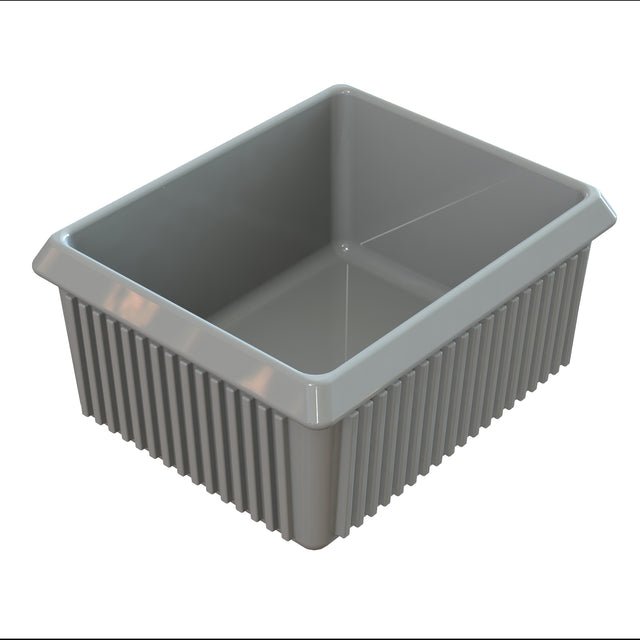 A gray, rectangular plastic bin with ribbed sides and smooth inner walls resembles a server bowl. The bin has slightly flared edges at the top and appears empty. The photo is taken from an angled, top-down perspective on a plain white background.