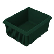 A dark green, rectangular plastic bin with ribbed sides and slightly flared top edges, viewed from an angle against a white background. The sturdy design makes it suitable for storage, organizing items, or even cold holding like a server bowl.