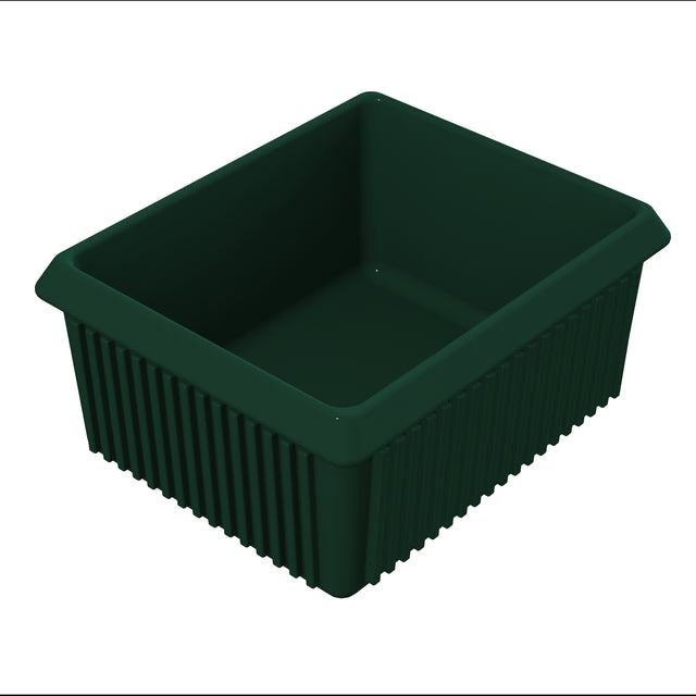 A dark green, rectangular plastic bin with ribbed sides and slightly flared top edges, viewed from an angle against a white background. The sturdy design makes it suitable for storage, organizing items, or even cold holding like a server bowl.