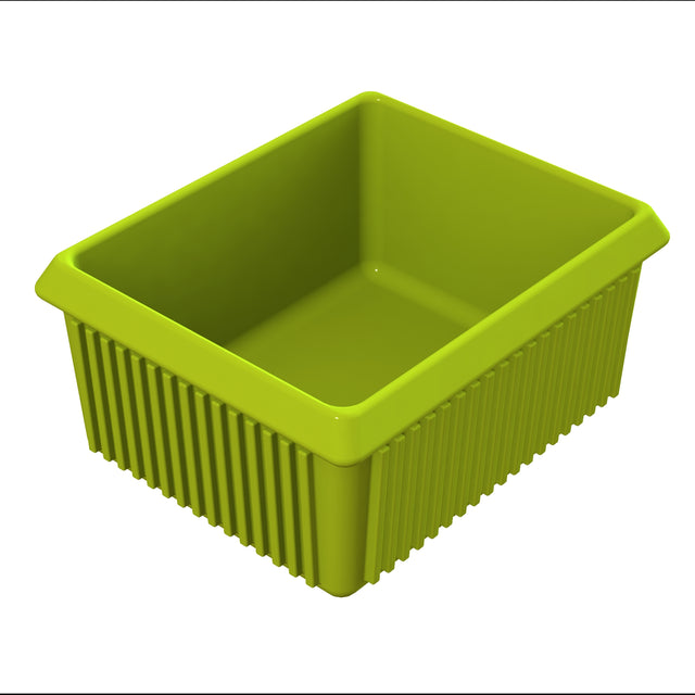 A green, rectangular plastic server bowl with a wide rim and vertical ridges along the sides. The empty container is viewed from a top angle, highlighting its depth and smooth interior—perfect for cold holding at buffets or events.