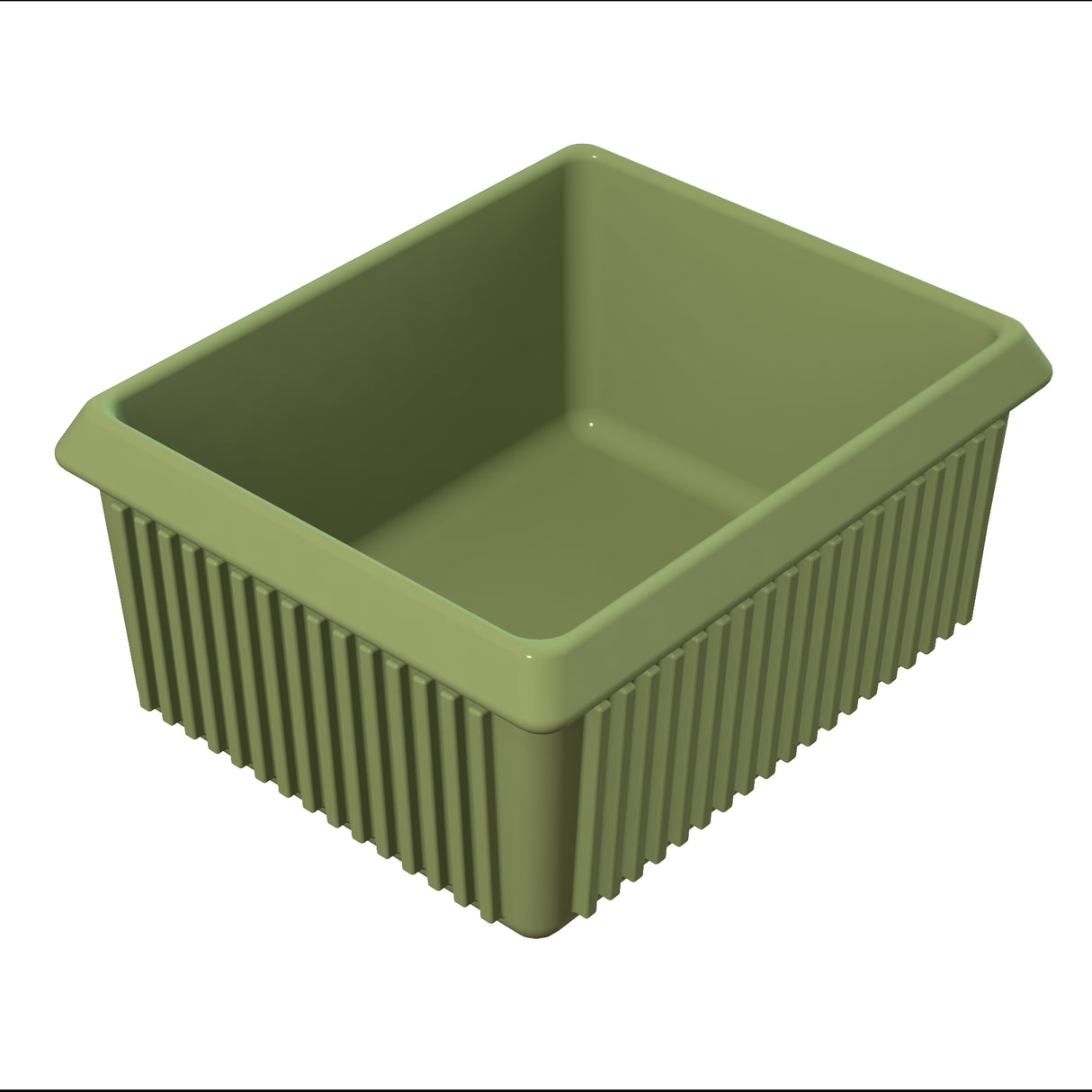 A rectangular, olive-green plastic bin with vertical ridges along the sides and a wide, smooth rim; this server bowl is ideal for cold holding and sits empty on a white background with an open top.