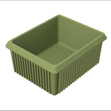 A rectangular, olive-green plastic bin with vertical ridges along the sides and a wide, smooth rim; this server bowl is ideal for cold holding and sits empty on a white background with an open top.