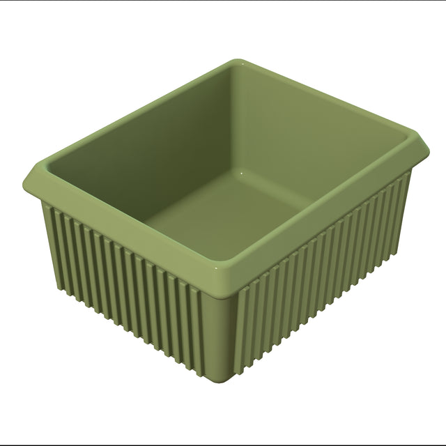 A rectangular, olive-green plastic bin with vertical ridges along the sides and a wide, smooth rim; this server bowl is ideal for cold holding and sits empty on a white background with an open top.