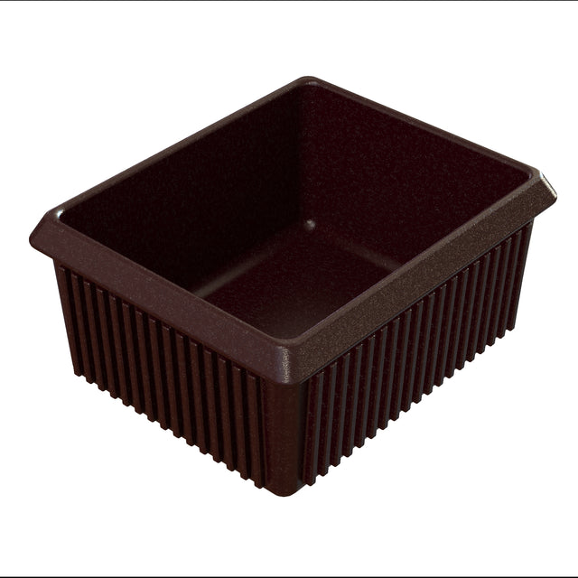 A rectangular, empty, dark brown plastic tray with ridged sides and slightly flared edges. This server bowl features a glossy finish and is photographed on a white background, viewed from above at an angle.
