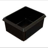 A square, black plastic server bowl with ribbed sides and a smooth interior is pictured against a white background. The container has slightly flared edges and appears empty, suitable for cold holding, food storage, or packaging.