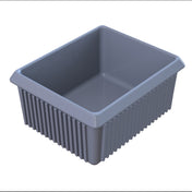 A rectangular, gray Server Bowl with ribbed sides and smooth interior. Made for cold holding, this plastic bin is empty and viewed from an angled top perspective on a plain white background.