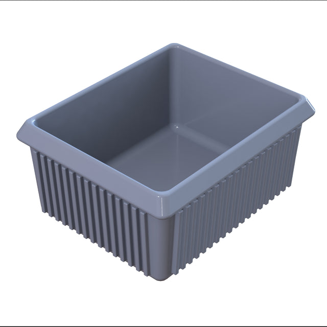 A rectangular, gray Server Bowl with ribbed sides and smooth interior. Made for cold holding, this plastic bin is empty and viewed from an angled top perspective on a plain white background.