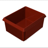A deep, empty, rectangular dark red server bowl with ribbed sides and a smooth interior is shown on a white background. The container has slightly flared edges at the top.