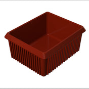 A deep, empty, rectangular dark red server bowl with ribbed sides and a smooth interior is shown on a white background. The container has slightly flared edges at the top.