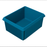 A rectangular, deep blue plastic storage bin with vertical ribbed sides and slightly flared upper edges. Ideal for cold holding, its smooth interior and durable design make it perfect for stacking and efficient storage on a white background.