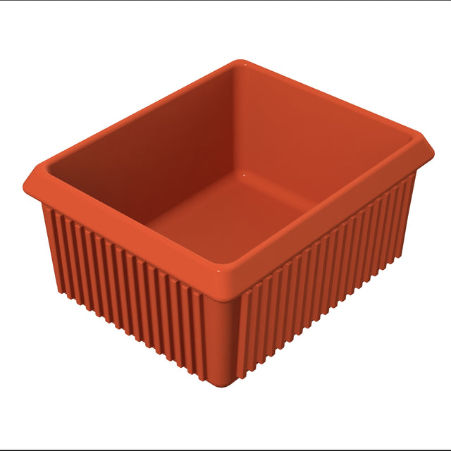 A rectangular, deep, rust-orange plastic tray with outward-sloping sides and vertical ribbed texture on the exterior. Perfect as a server bowl for parties, it has a wide rim and smooth interior surface, shown on a white background.