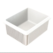 A rectangular, white plastic server bowl with deep sides and vertical ridges along the exterior. It features a wide, flat rim around the top and a smooth interior. The container is empty and sits on a white background.