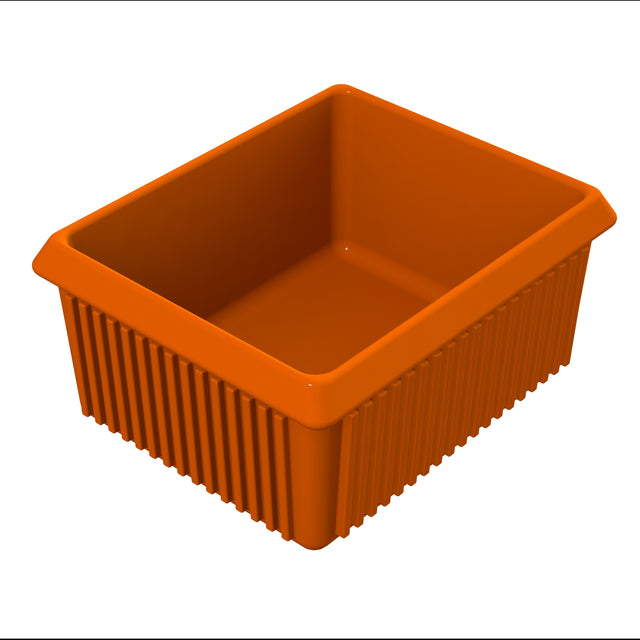A rectangular orange Server Bowl with ribbed sides and a smooth interior, viewed at an angle from above. The container has slightly flared edges and is empty, ideal for cold holding food items.