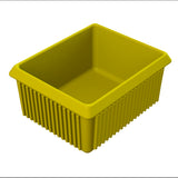 A rectangular, yellow plastic storage bin with slightly flared sides, vertical ridges along the outer walls, and a smooth interior. The wide, flat rim allows easy handling—perfect for cold holding or organizing server bowls. Set against a plain white background.