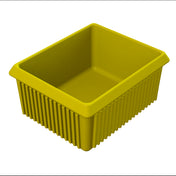 A rectangular, yellow plastic storage bin with slightly flared sides, vertical ridges along the outer walls, and a smooth interior. The wide, flat rim allows easy handling—perfect for cold holding or organizing server bowls. Set against a plain white background.